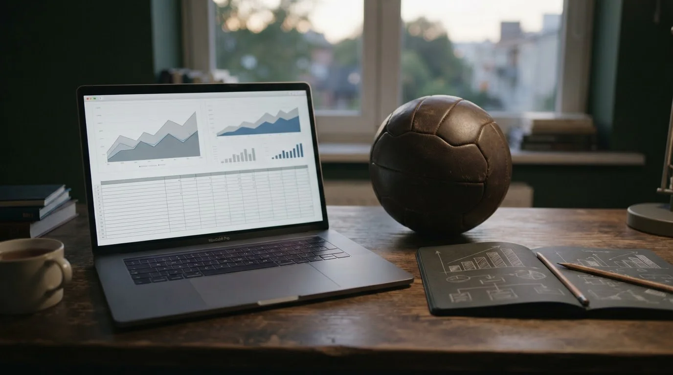 Balón de fútbol junto a portátil con gráficos abstractos de análisis