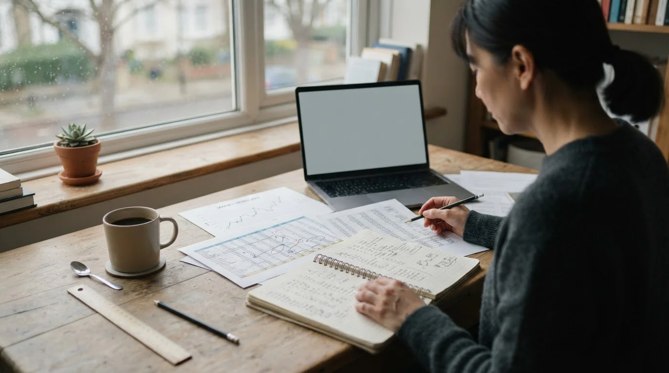 Escritorio de analista con cuadernos, gráficos impresos y una taza de café bajo luz de ventana