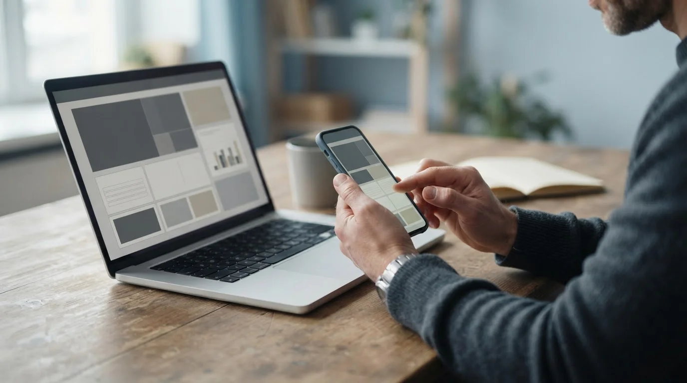 Manos sosteniendo un móvil junto a un portátil con interfaces neutras en gris