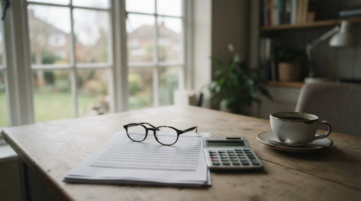 Mesa de trabajo con documentos y calculadora para analizar bonos de apuestas en España