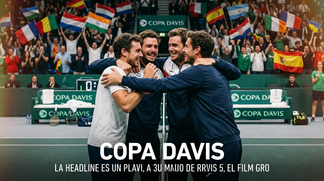 Equipo de tenis celebrando una victoria en Copa Davis con banderas