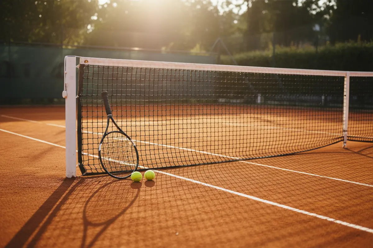 Pista de tenis de tierra batida iluminada al atardecer con raqueta y pelota junto a la red