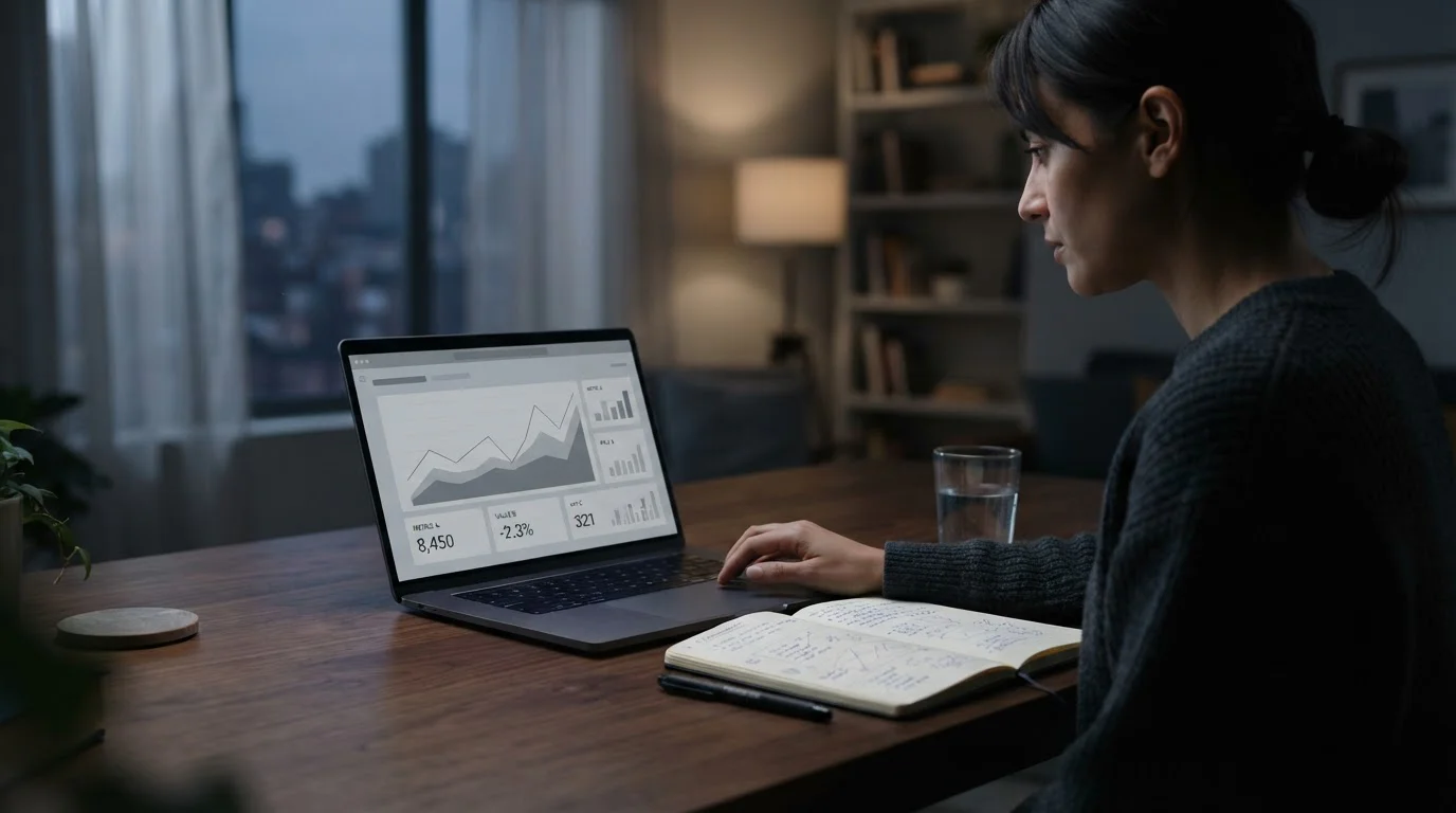 Portátil con panel neutro de datos en vivo y cuaderno con anotaciones al lado