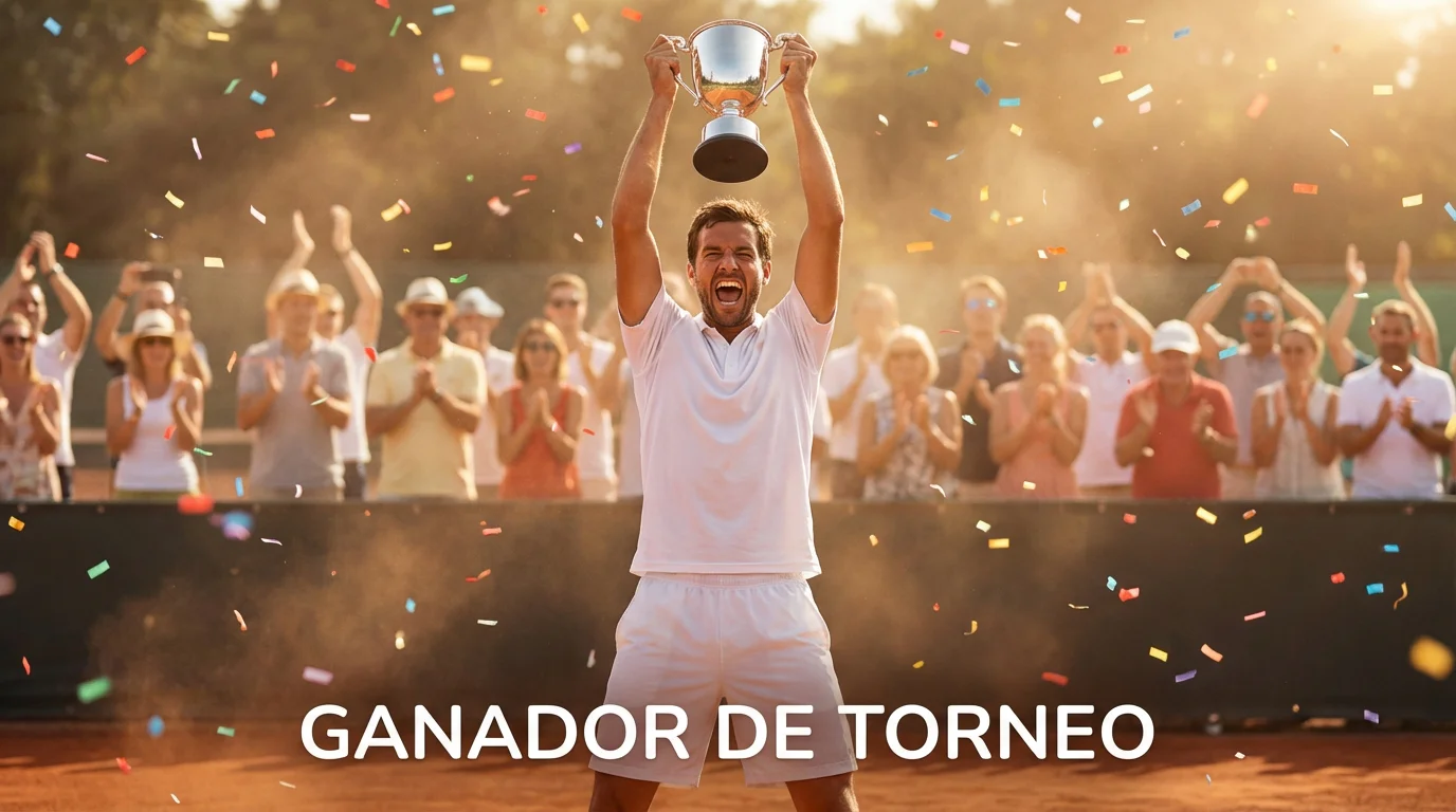 Tenista levantando un trofeo de torneo sobre la pista de tenis