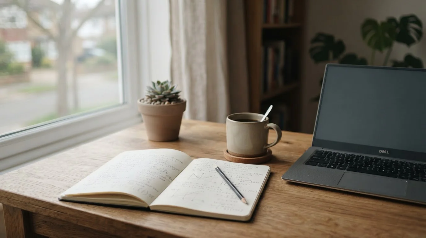 Escritorio sereno con cuaderno de cálculos y taza de café junto a una ventana