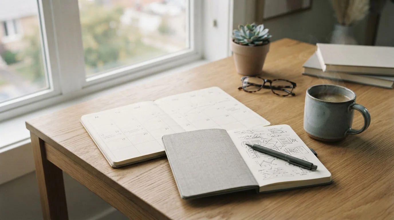 Escritorio con calendario deportivo y libreta de notas para analizar partidos de mañana