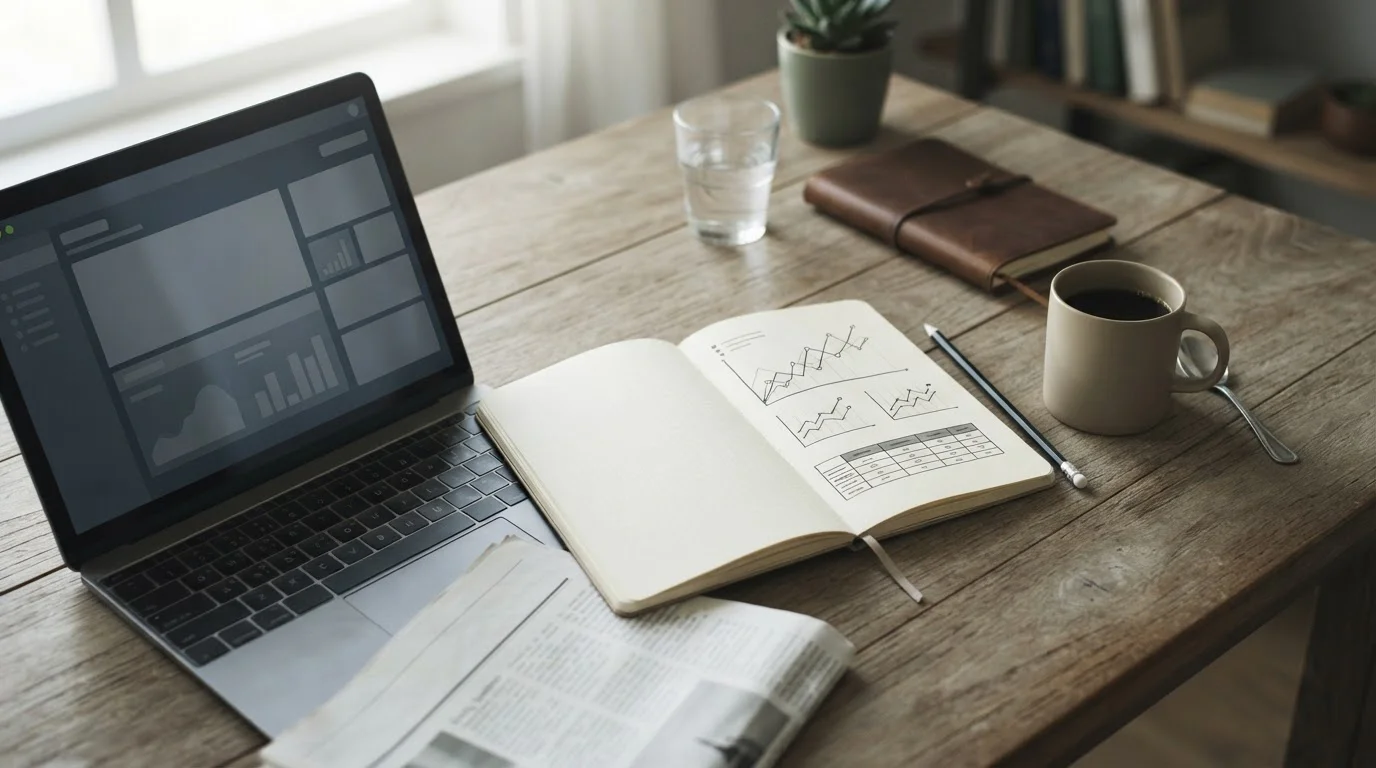 Mesa de trabajo con cuaderno de notas y gráficos deportivos para analizar pronósticos