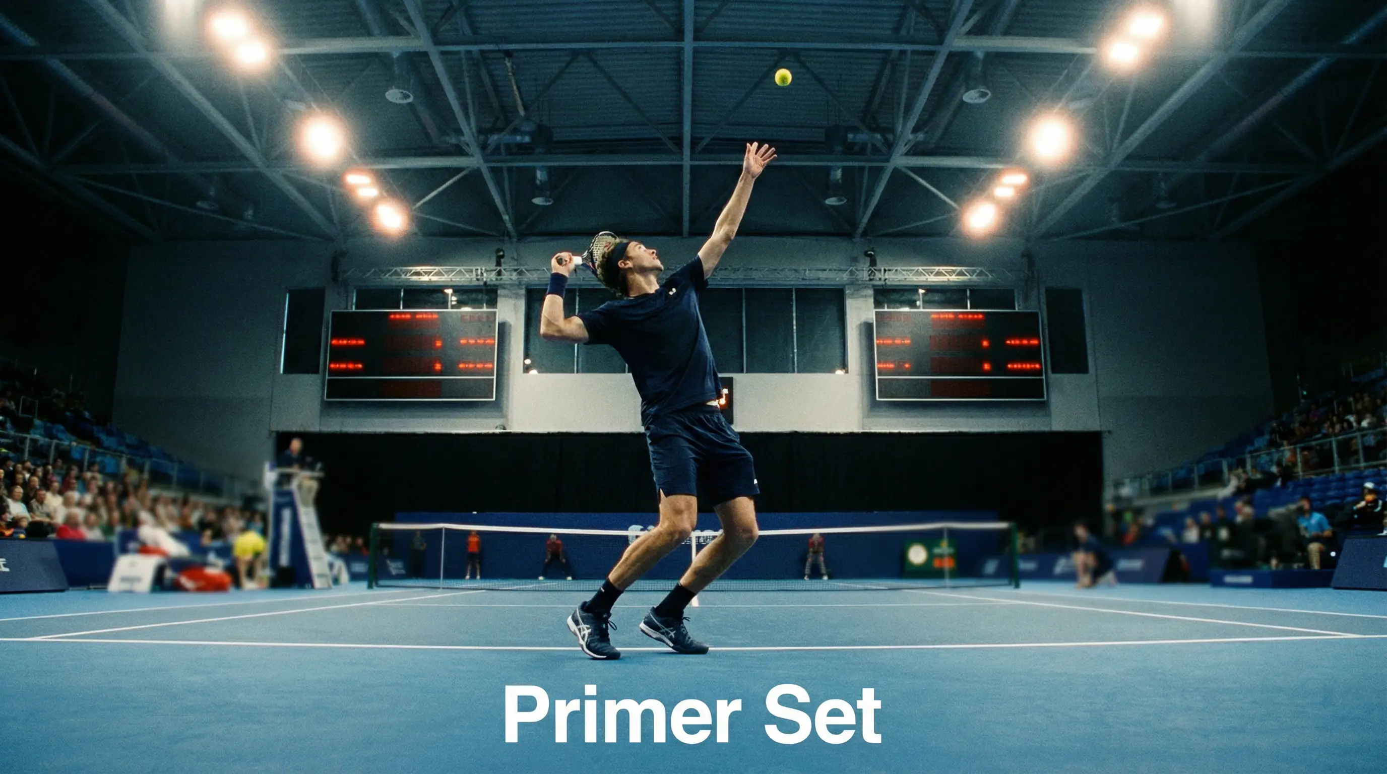 Tenista realizando el primer saque del partido en un estadio de tenis