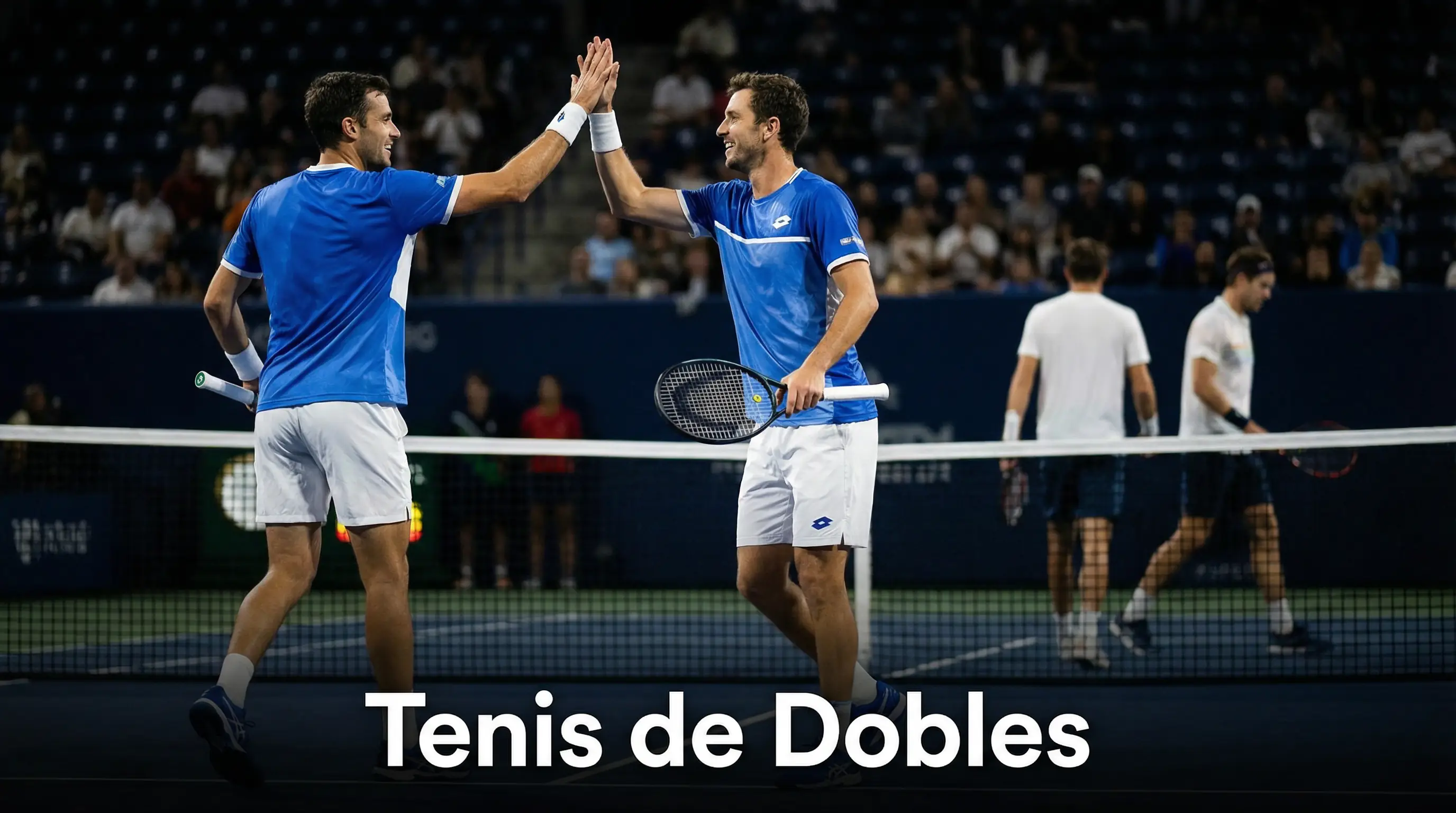 Pareja de tenistas chocando manos en la red durante un partido de dobles