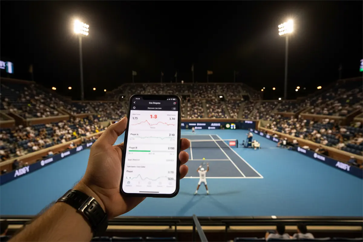 Espectador siguiendo un partido de tenis en vivo desde la grada con teléfono móvil en la mano