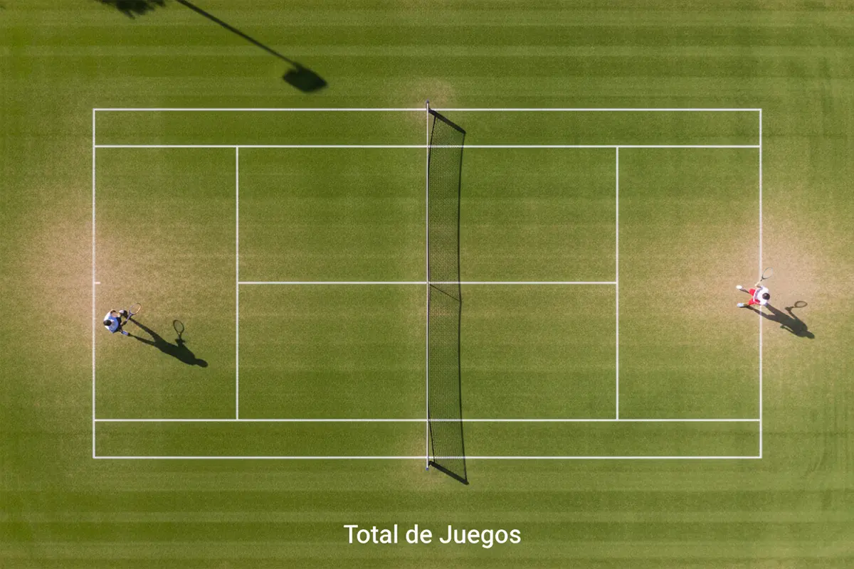 Vista cenital de pista de tenis con líneas de juego marcadas