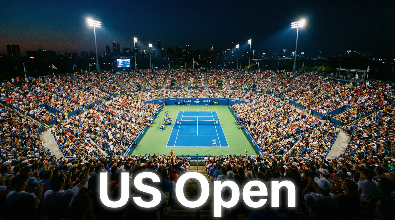 Estadio de tenis iluminado por la noche durante sesión nocturna del US Open
