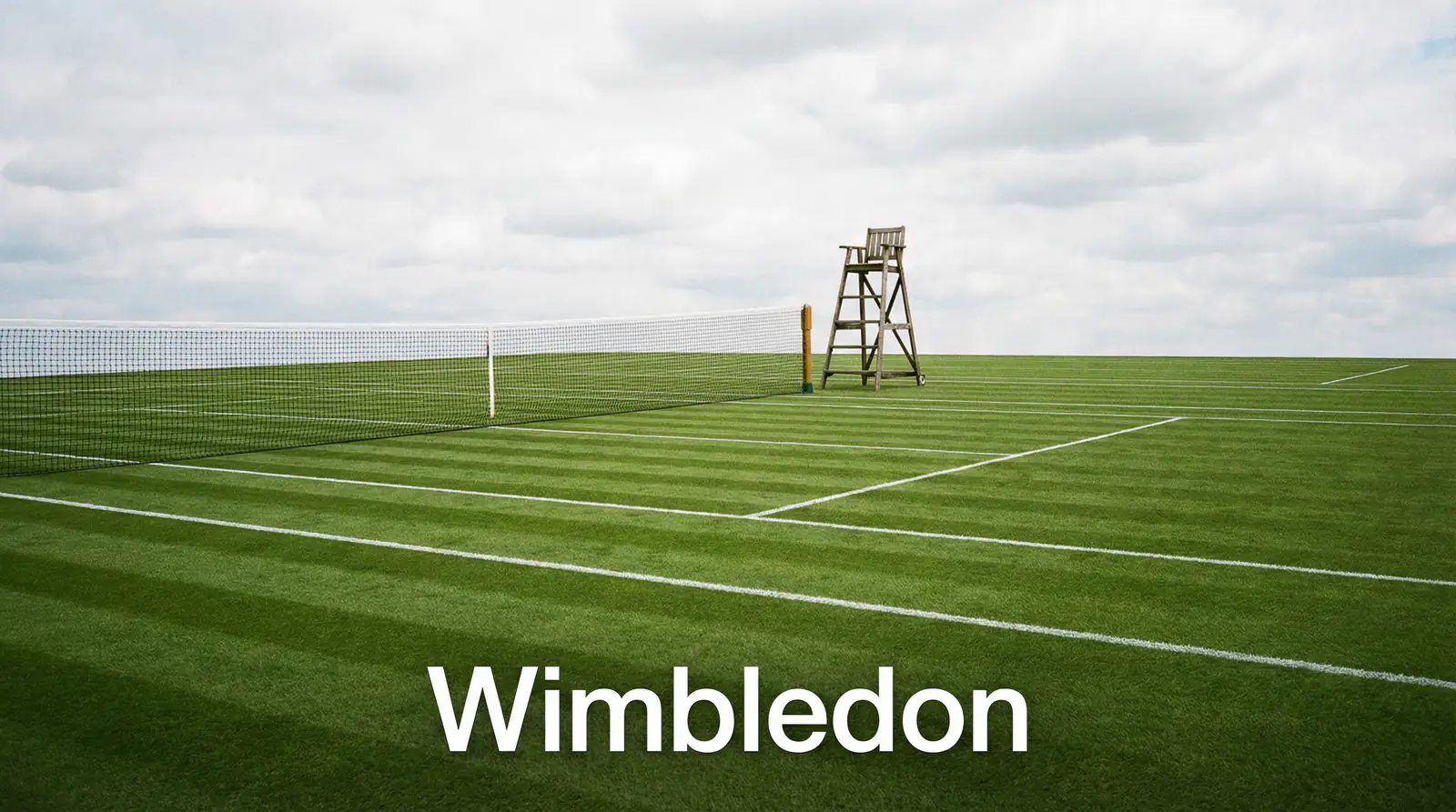 Pista de hierba de Wimbledon con red y líneas blancas perfectas