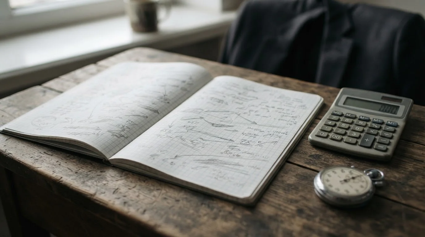 Cuaderno con cálculos manuscritos abstractos y calculadora sobre mesa clara