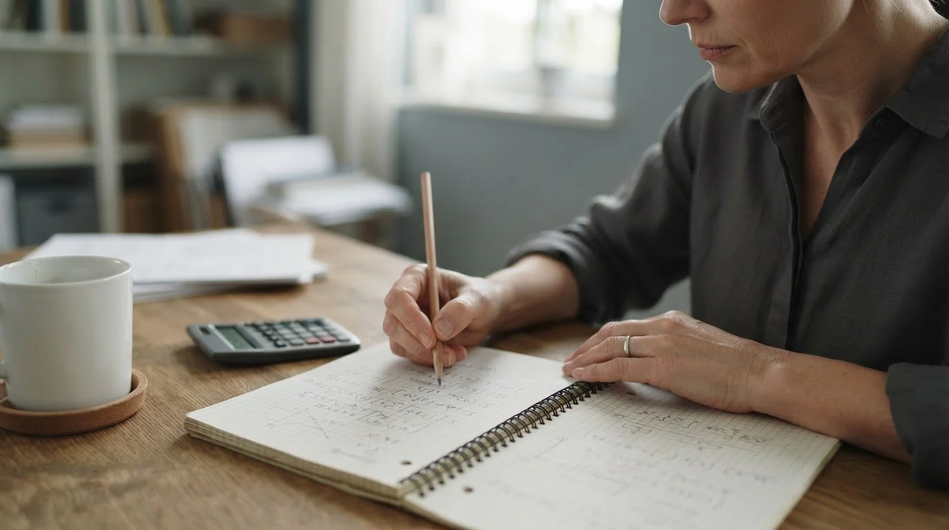 Manos anotando cálculos a lápiz junto a una calculadora sencilla