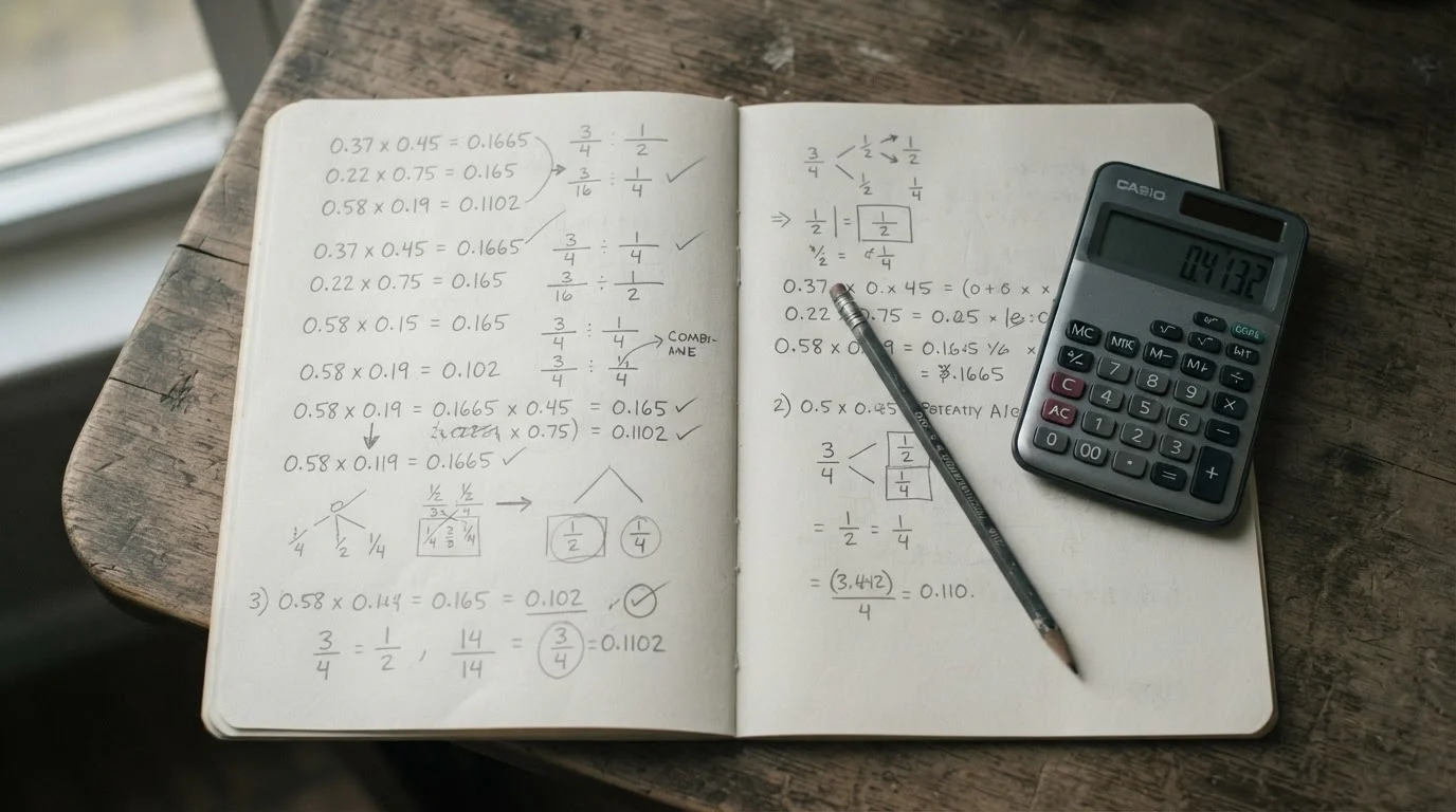 Cuaderno con cálculos de probabilidad y una calculadora sobre mesa clara