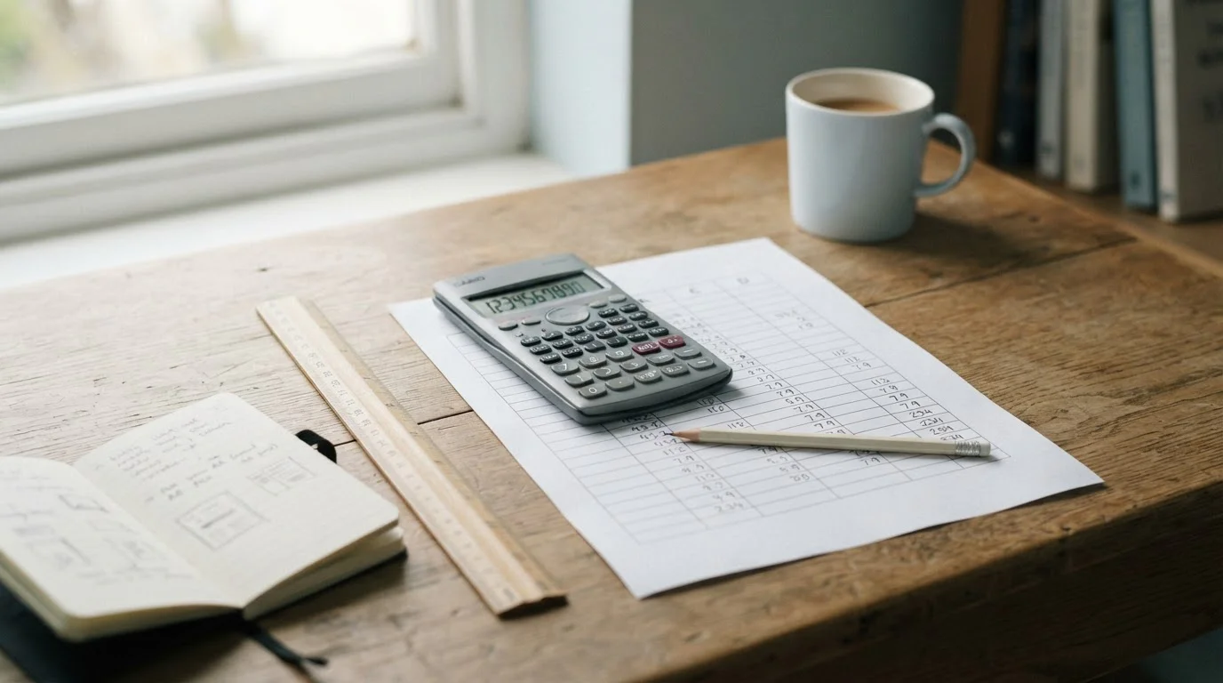 Calculadora, hoja de cálculo en papel y bolígrafo sobre una mesa clara