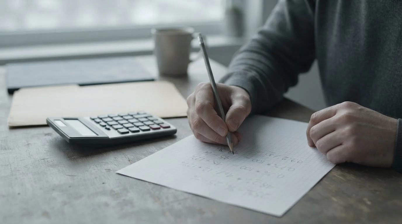 Manos anotando cálculos a lápiz junto a una calculadora sobre papel cuadriculado
