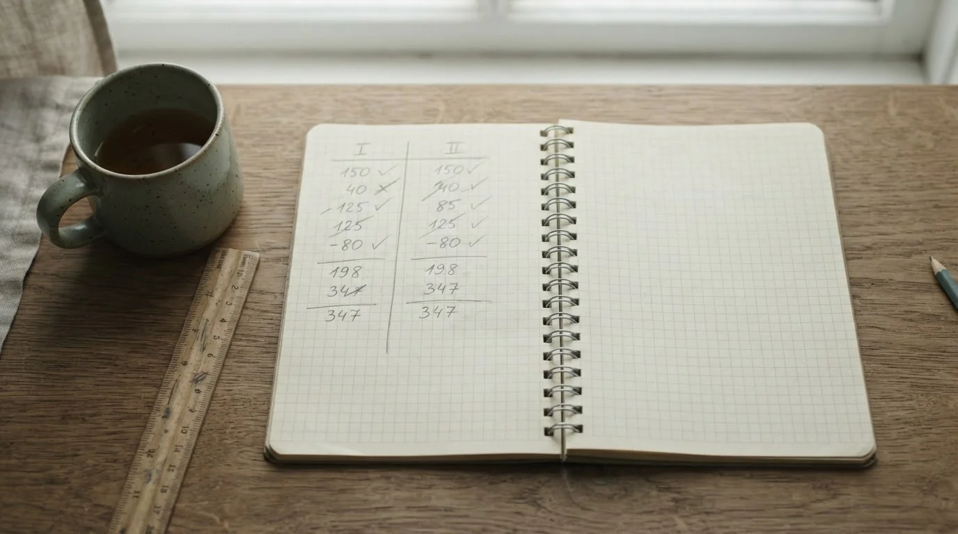 Cuaderno con una tabla de balance manuscrita junto a una taza de café
