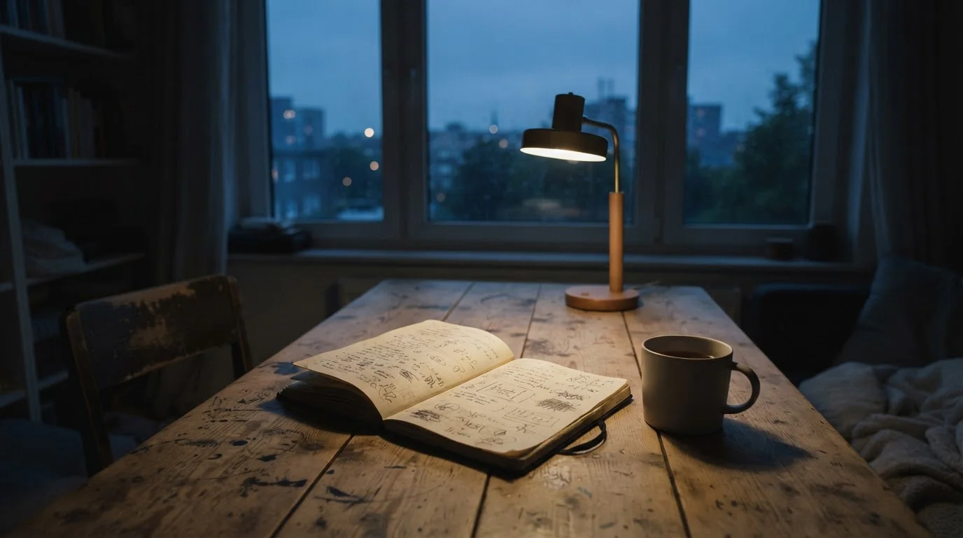Ventana al atardecer con cuaderno y cálculos finales sobre una mesa tranquila
