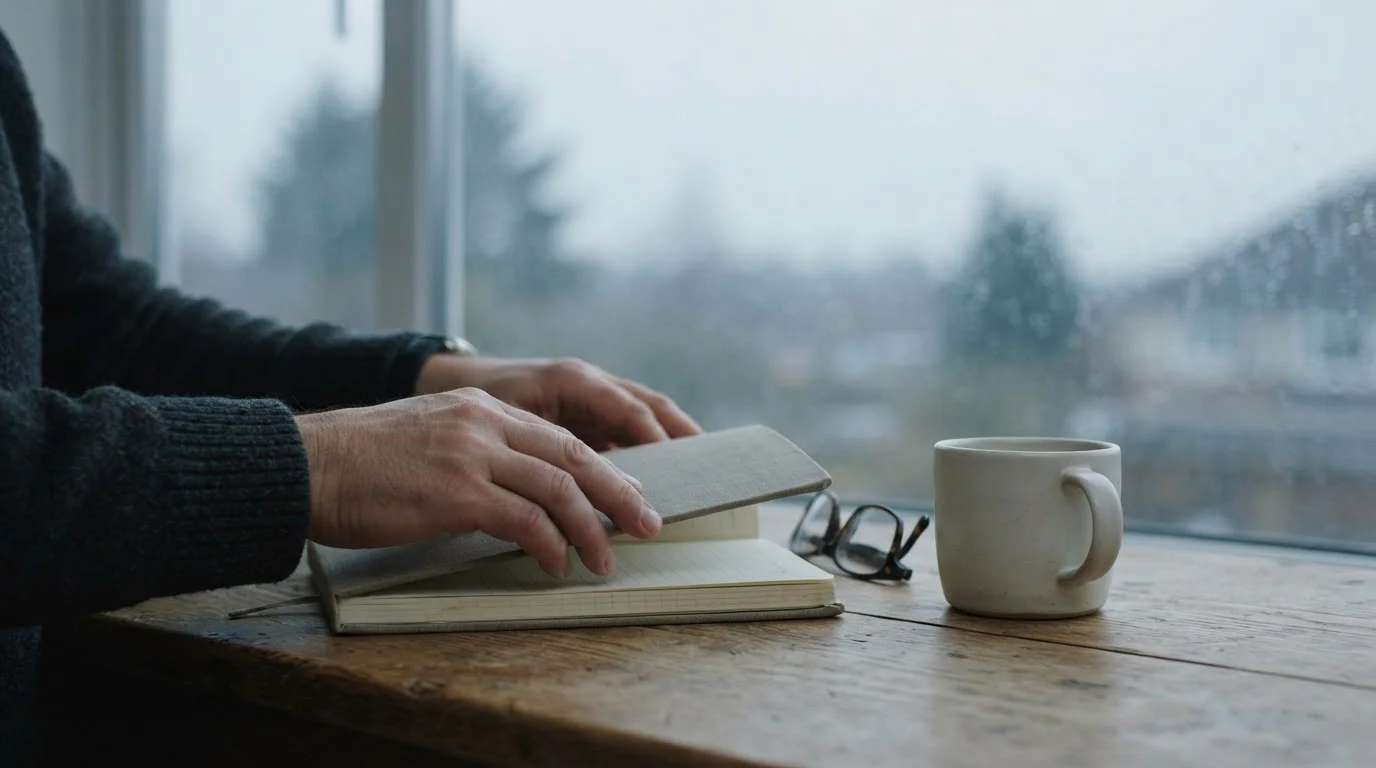 Manos anónimas cerrando un cuaderno junto a una ventana con luz suave