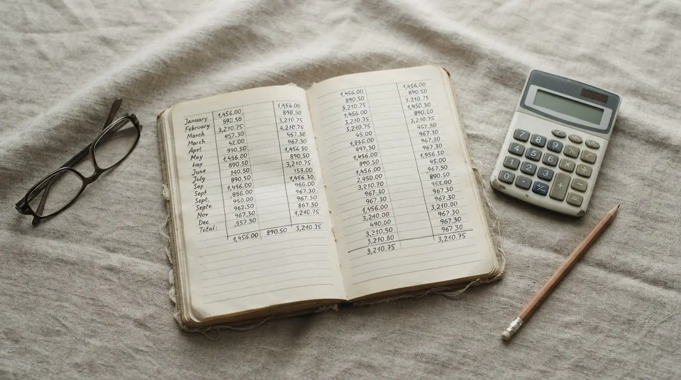 Cuaderno abierto con balance manuscrito y calculadora sobre mesa clara