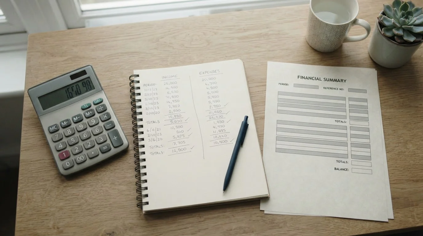 Calculadora, cuaderno con columnas y un formulario en blanco sobre una mesa