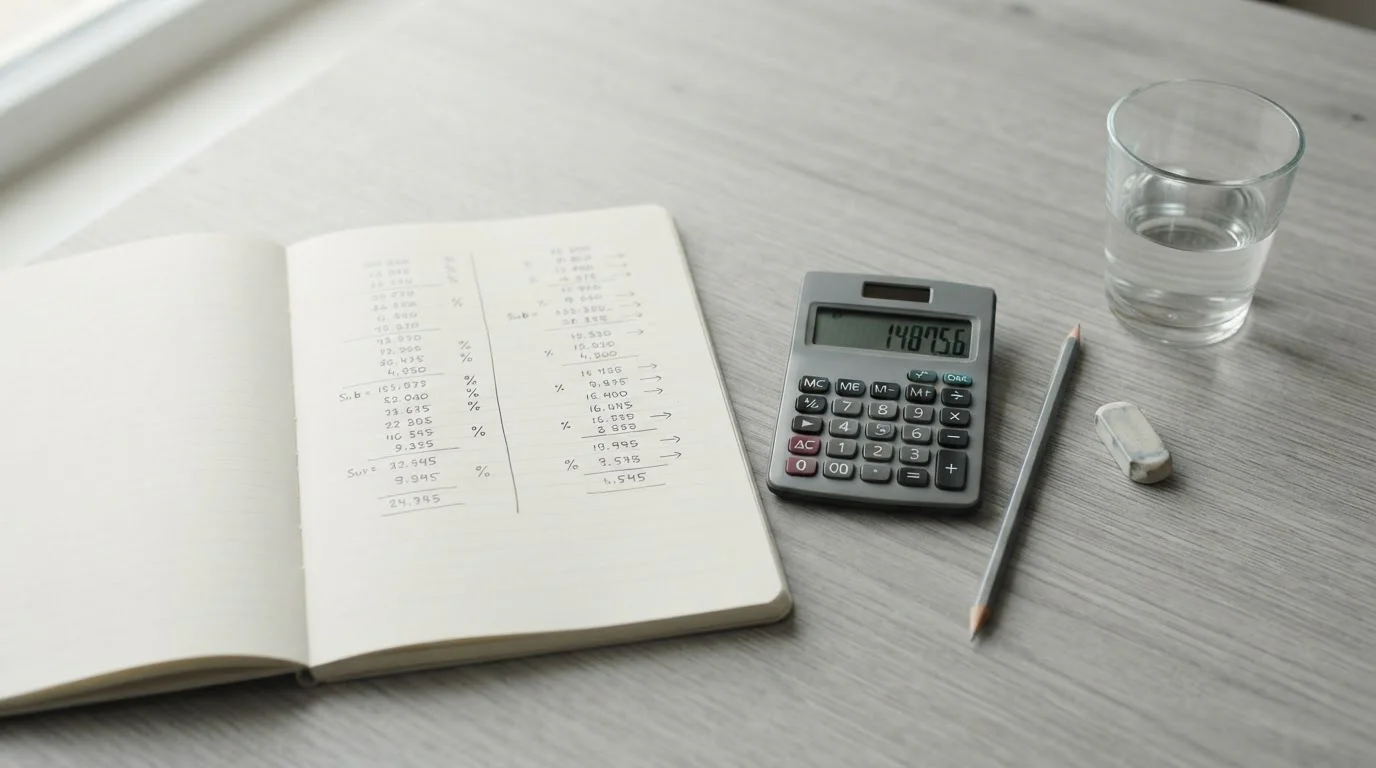 Cuaderno con columnas de cálculo junto a una calculadora sobre mesa clara