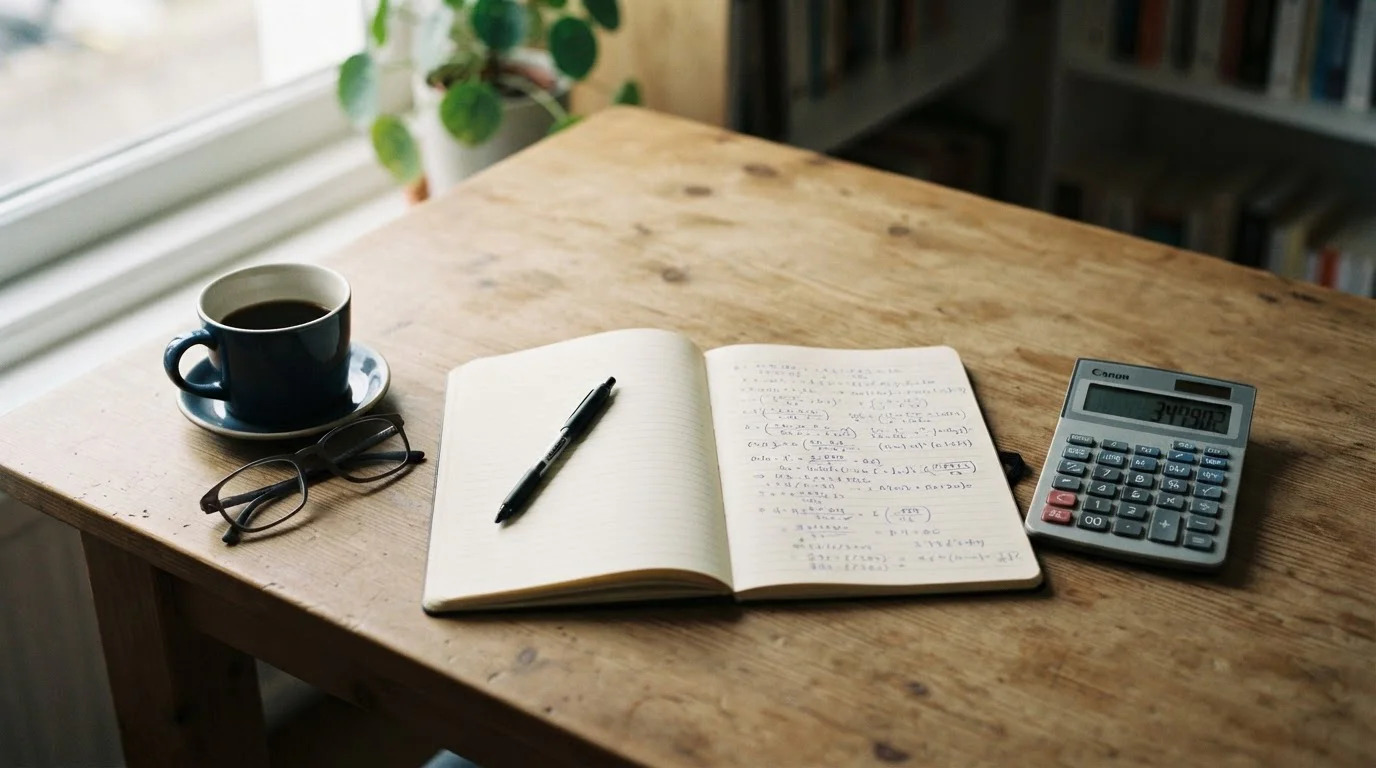Escritorio con cuaderno y calculadora para analizar un bono de bienvenida de apuestas