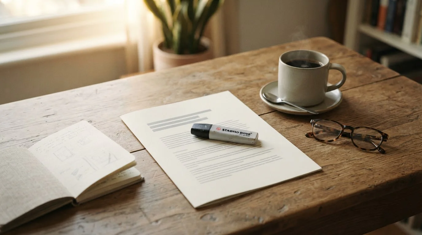 Escritorio con documento de términos del bono por registro y taza de café en luz suave