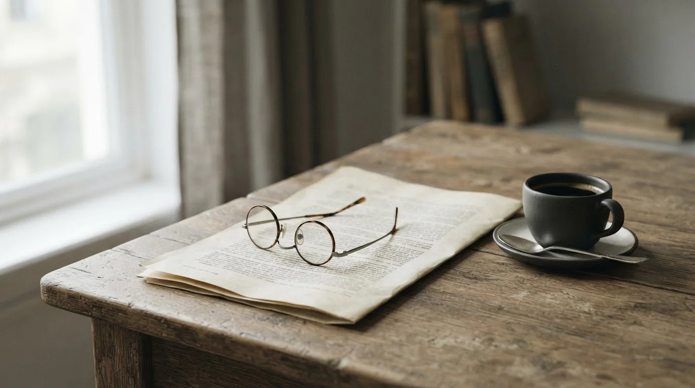 Documento con letra pequeña abstracta junto a unas gafas sobre una mesa