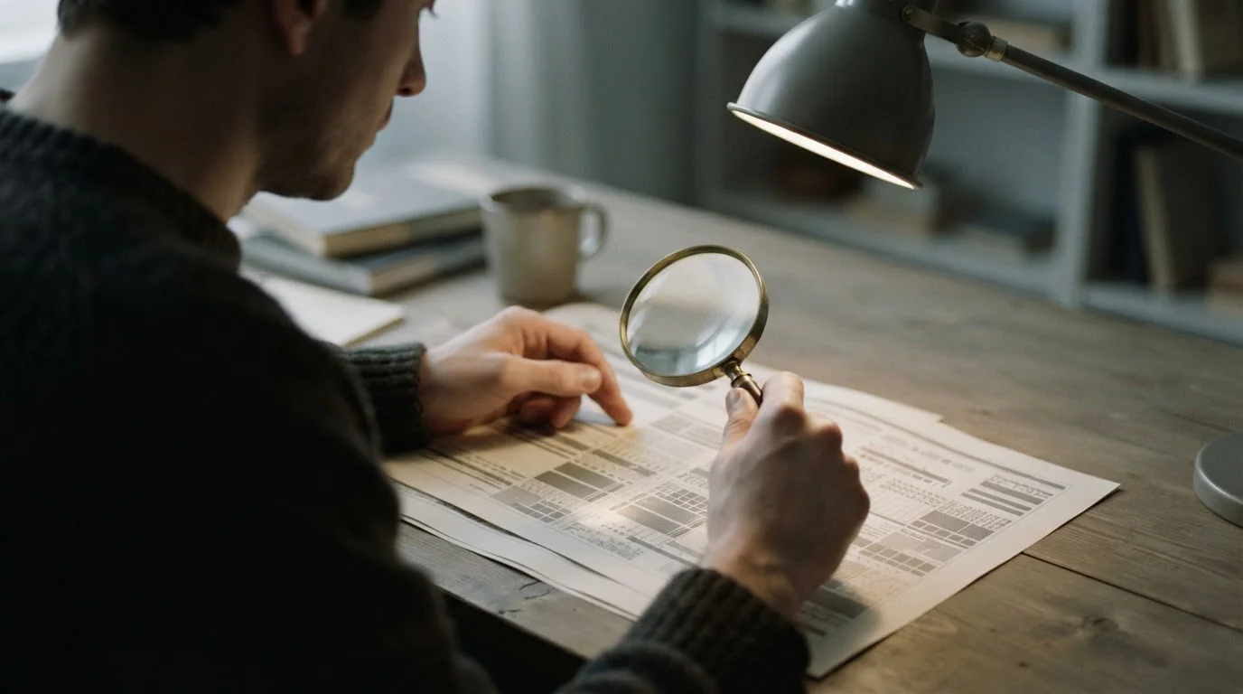 Persona leyendo con lupa un documento con condiciones en una mesa iluminada