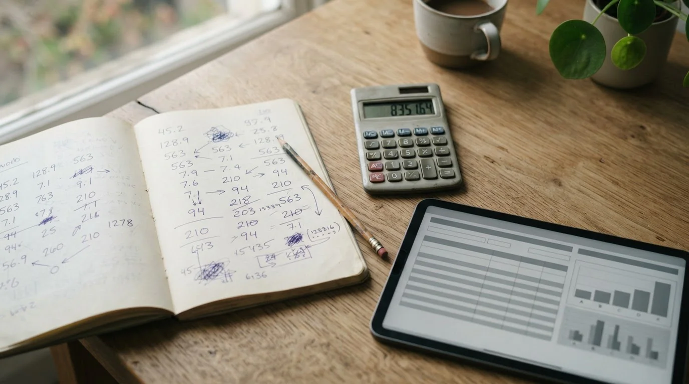 Escritorio con calculadora y cuaderno de anotaciones sobre apuestas deportivas
