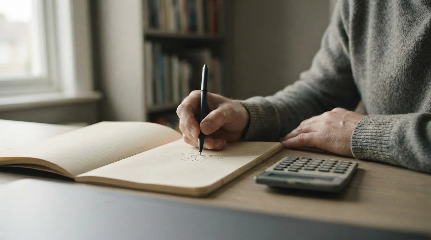Manos anotando un cálculo en un cuaderno junto a una calculadora