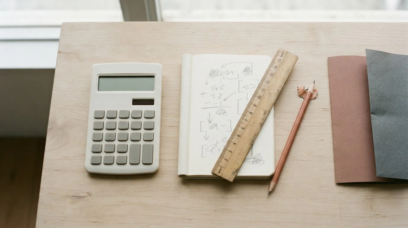 Calculadora, libreta y regla sobre una mesa clara para restar costes de una cuota