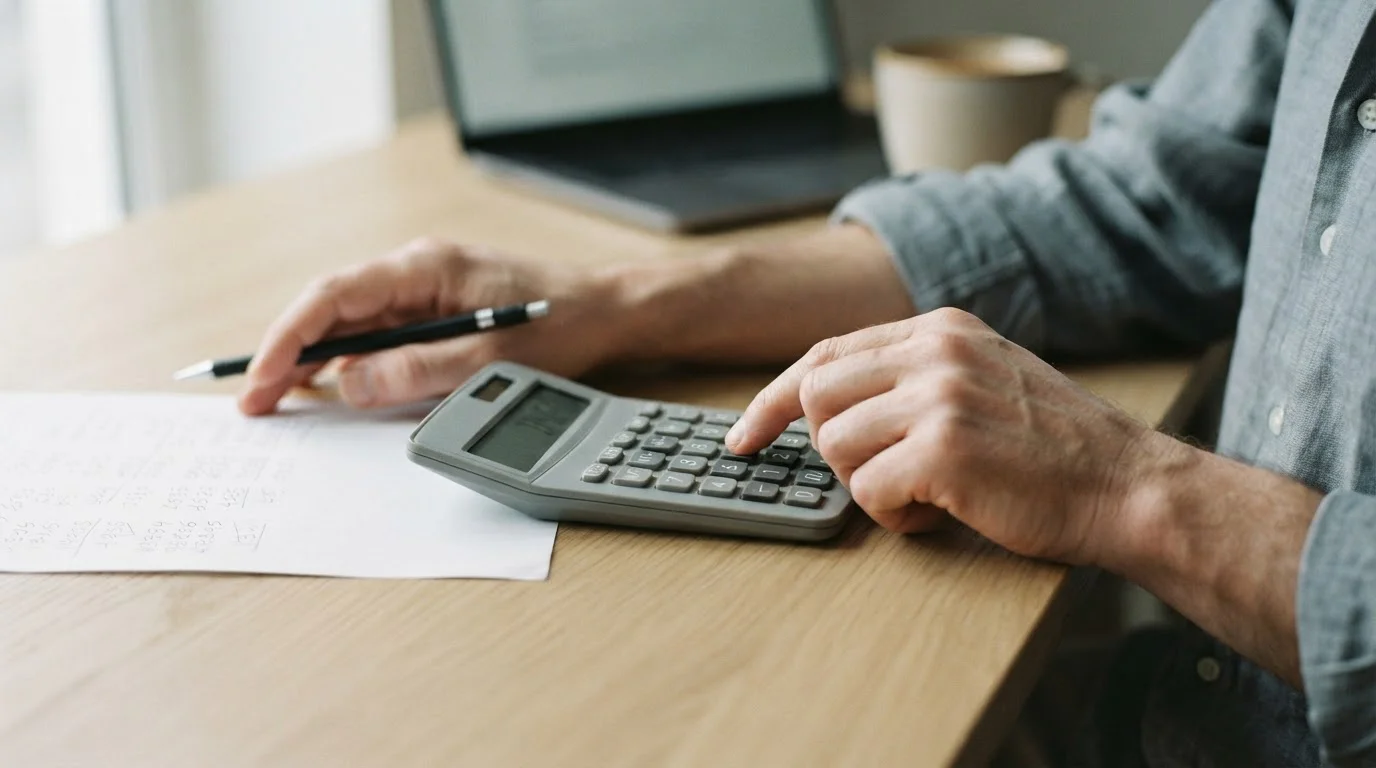 Manos usando una calculadora junto a hoja con cifras difuminadas