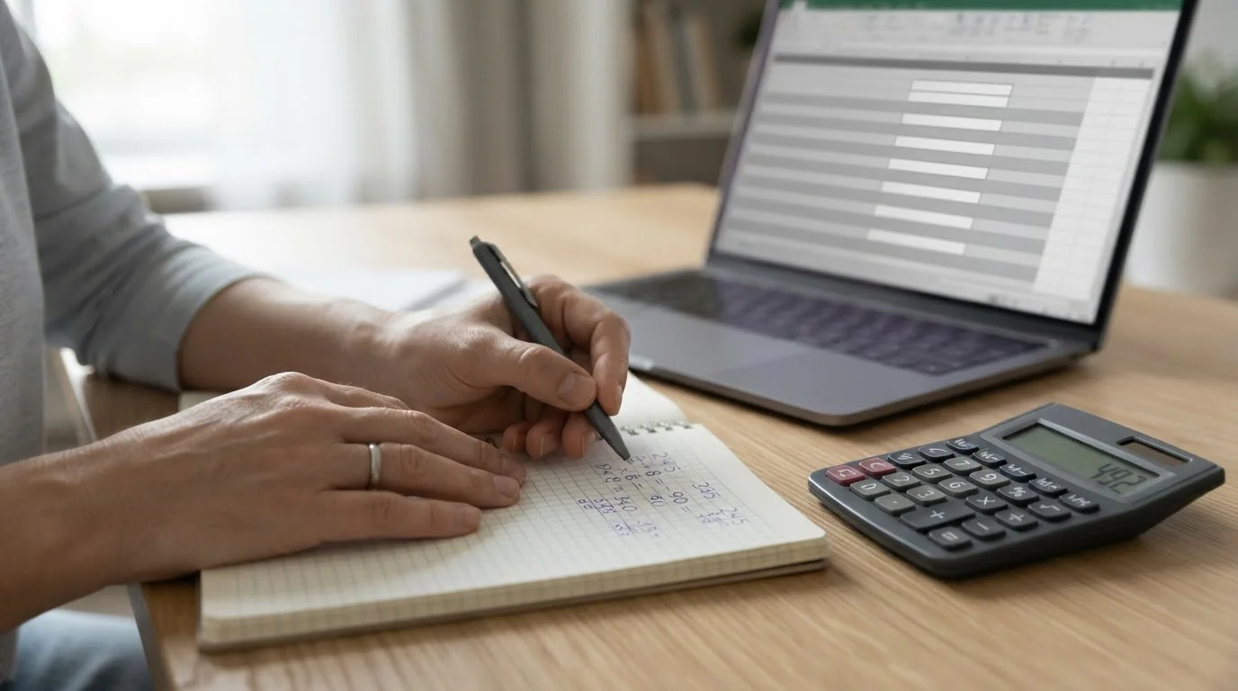 Manos anotando cálculos en un cuaderno junto a una calculadora sobre mesa clara