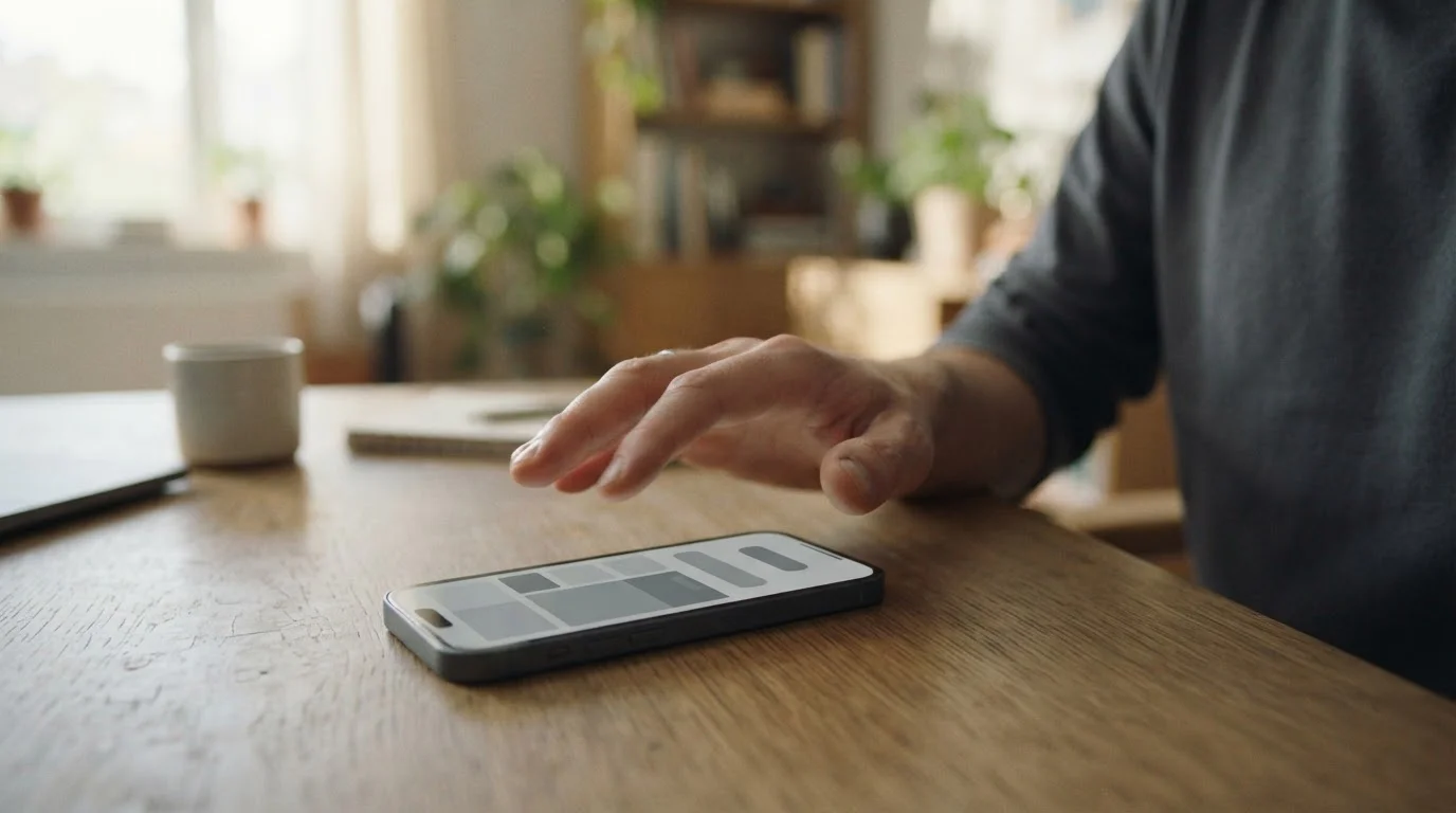 Mano sobre un teléfono con un botón neutro de cierre anticipado