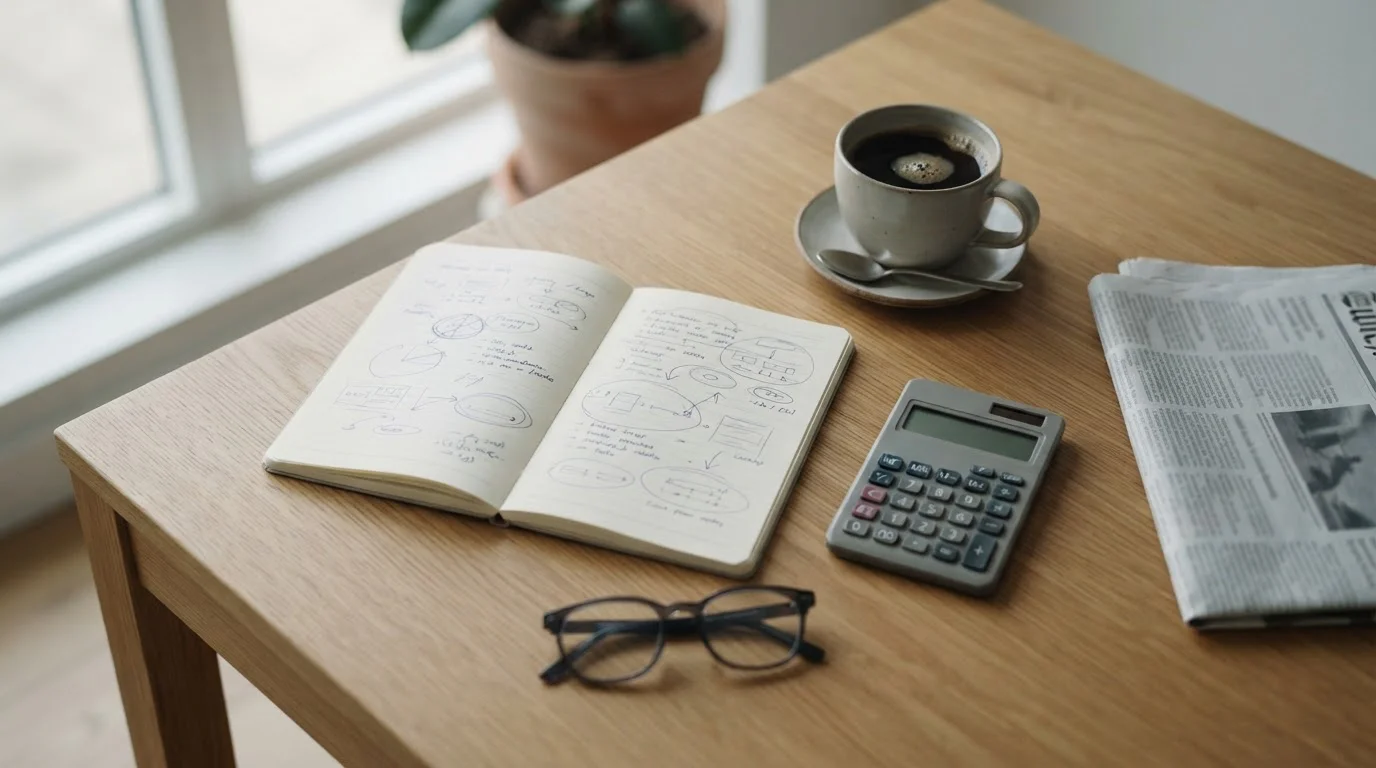 Mesa de trabajo con cuaderno y calculadora para analizar apuestas con hándicap