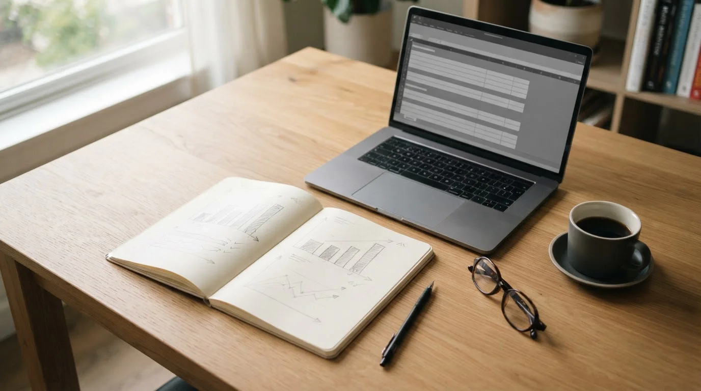 Escritorio editorial con cuaderno de análisis de cuotas y portátil con tablas neutras