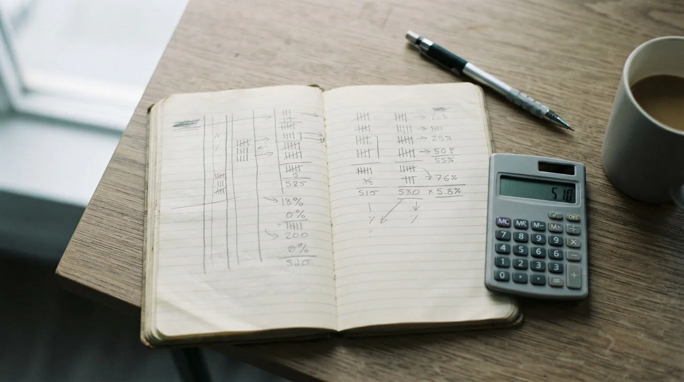 Cuaderno con anotaciones y calculadora sobre una mesa clara