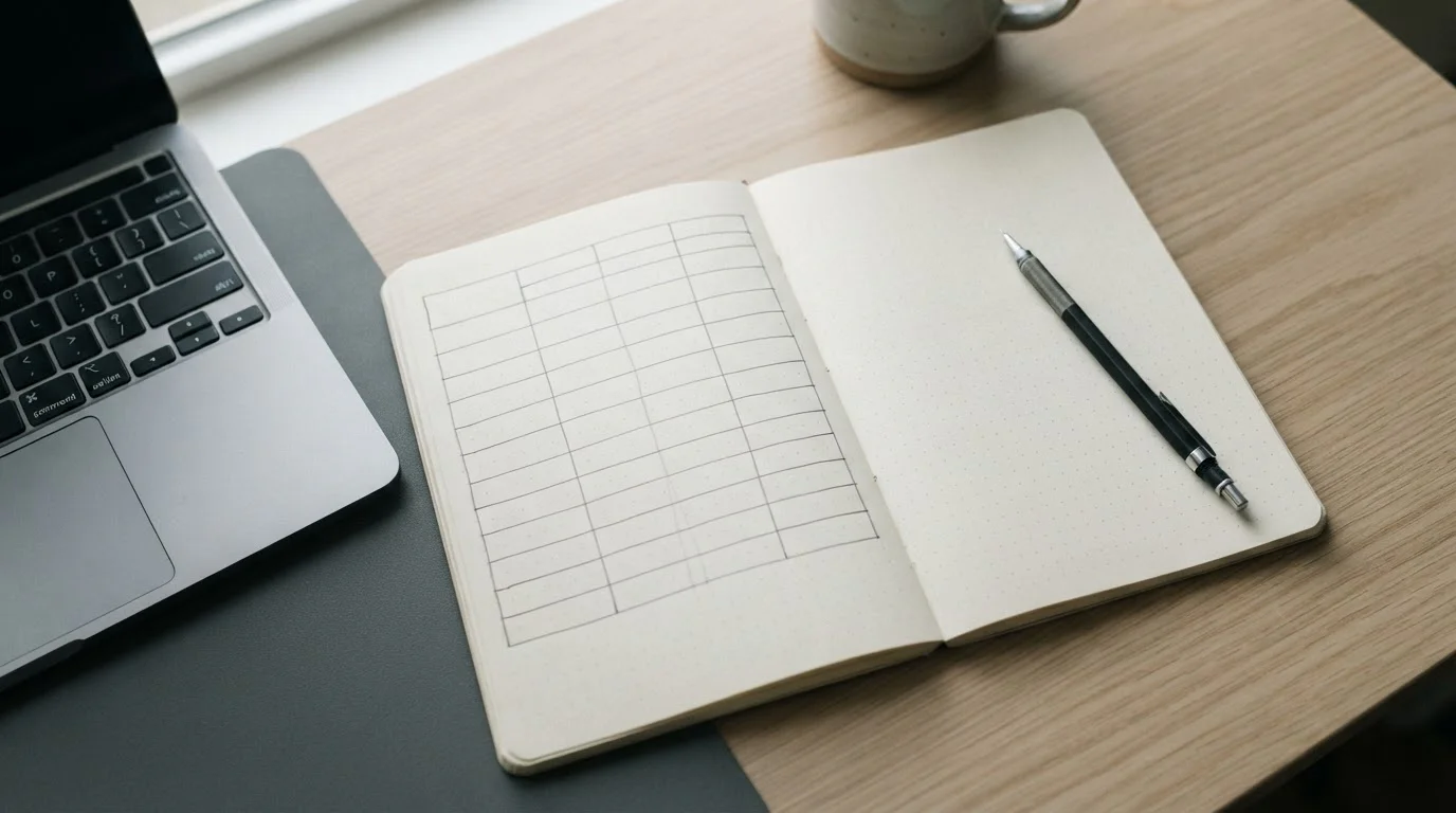 Cuaderno con una tabla comparativa dibujada a mano junto a un portátil
