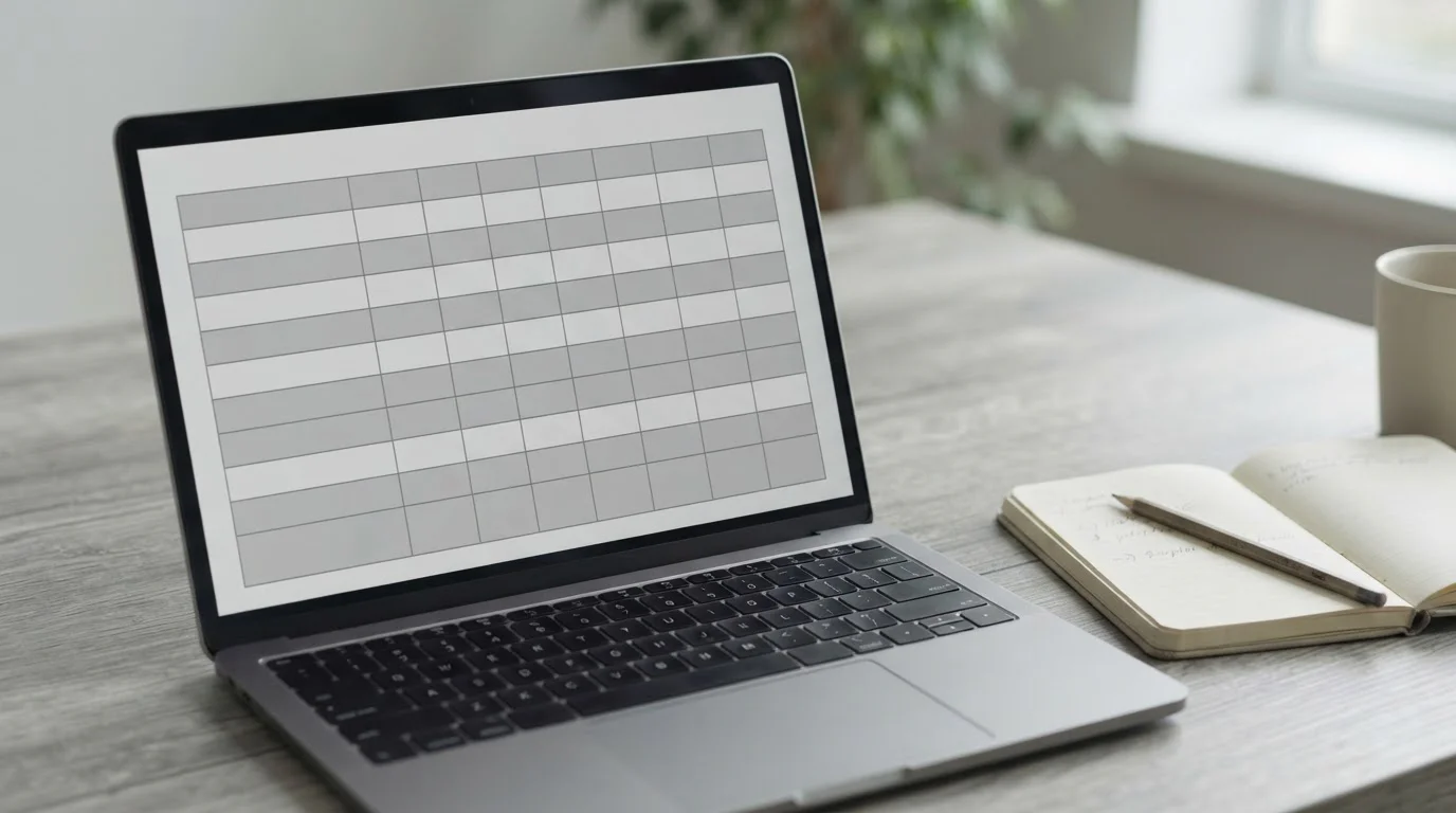 Tabla comparativa neutra en pantalla de portátil con filas y columnas abstractas