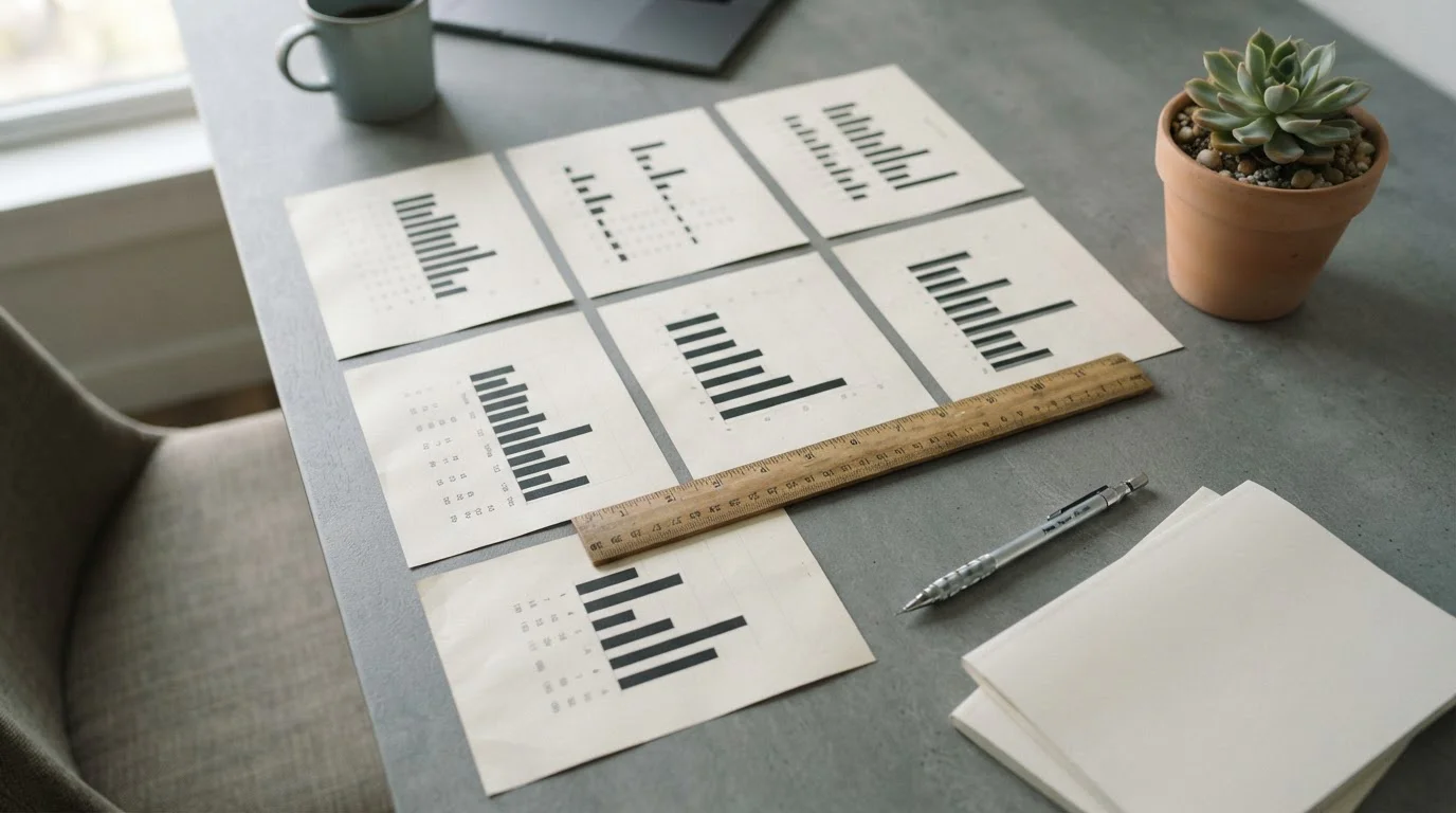 Mesa de trabajo con hojas comparativas y gráficos neutros de diez columnas