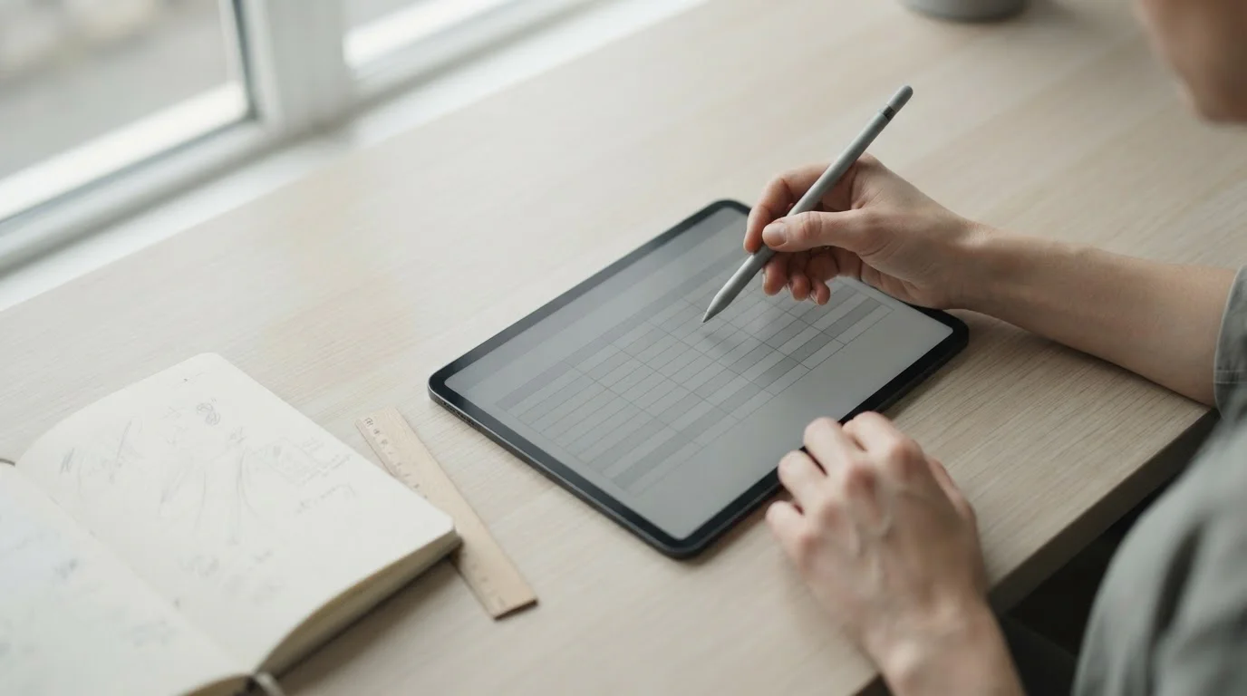 Manos comparando filas de una tabla neutra en una tableta y un cuaderno