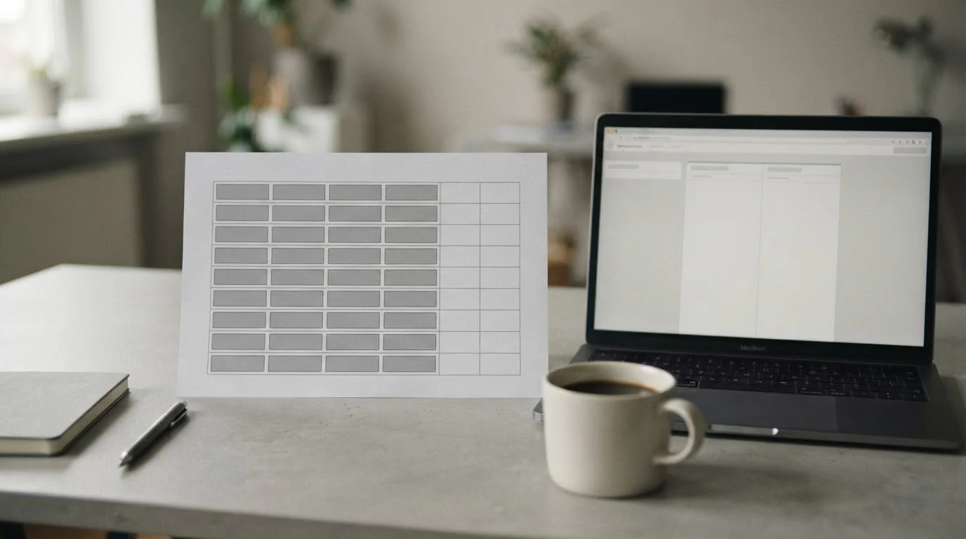 Mesa con una tabla comparativa en papel y un portátil con filas neutras