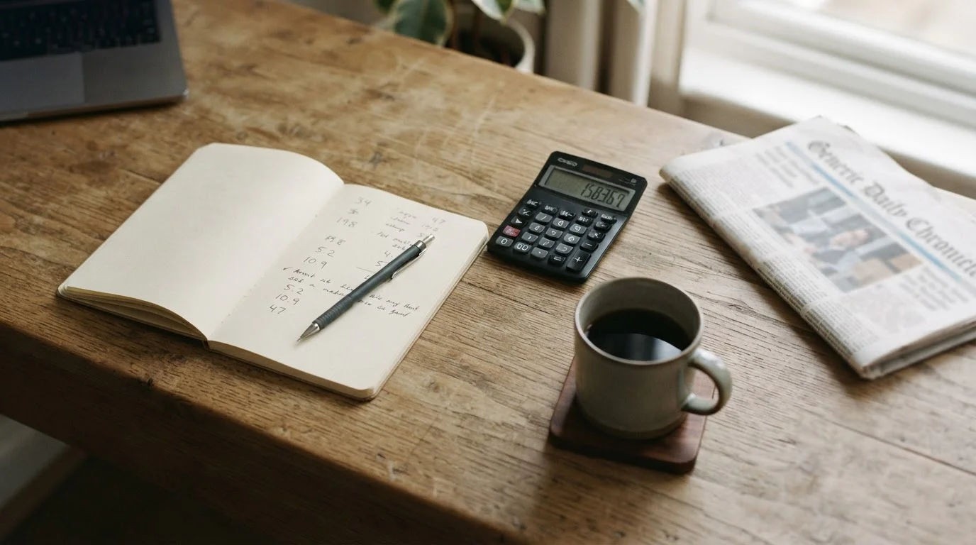 Escritorio con cuaderno y calculadora para analizar consejos de apuestas