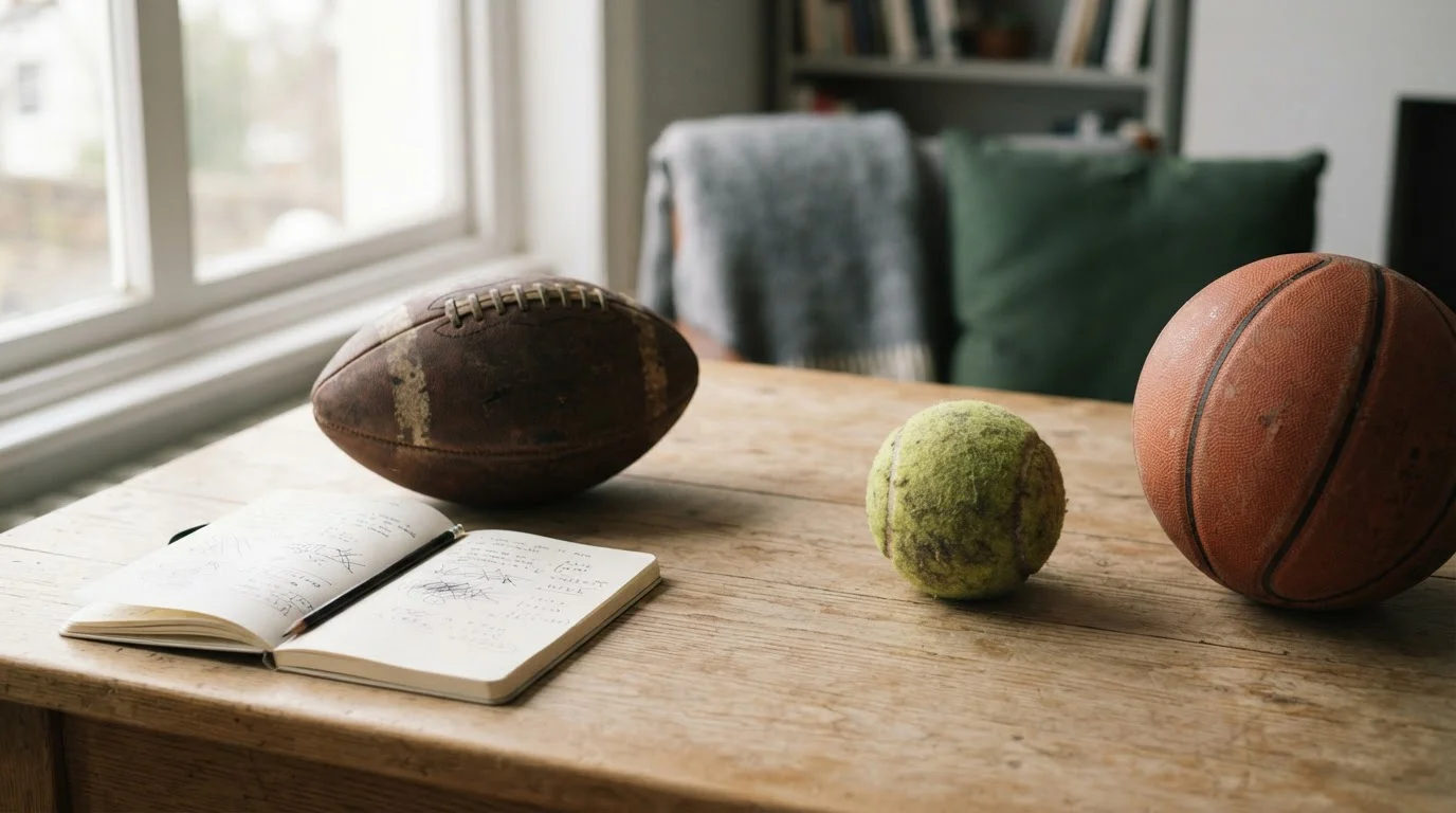 Mesa con material deportivo y libreta de notas para análisis por disciplina