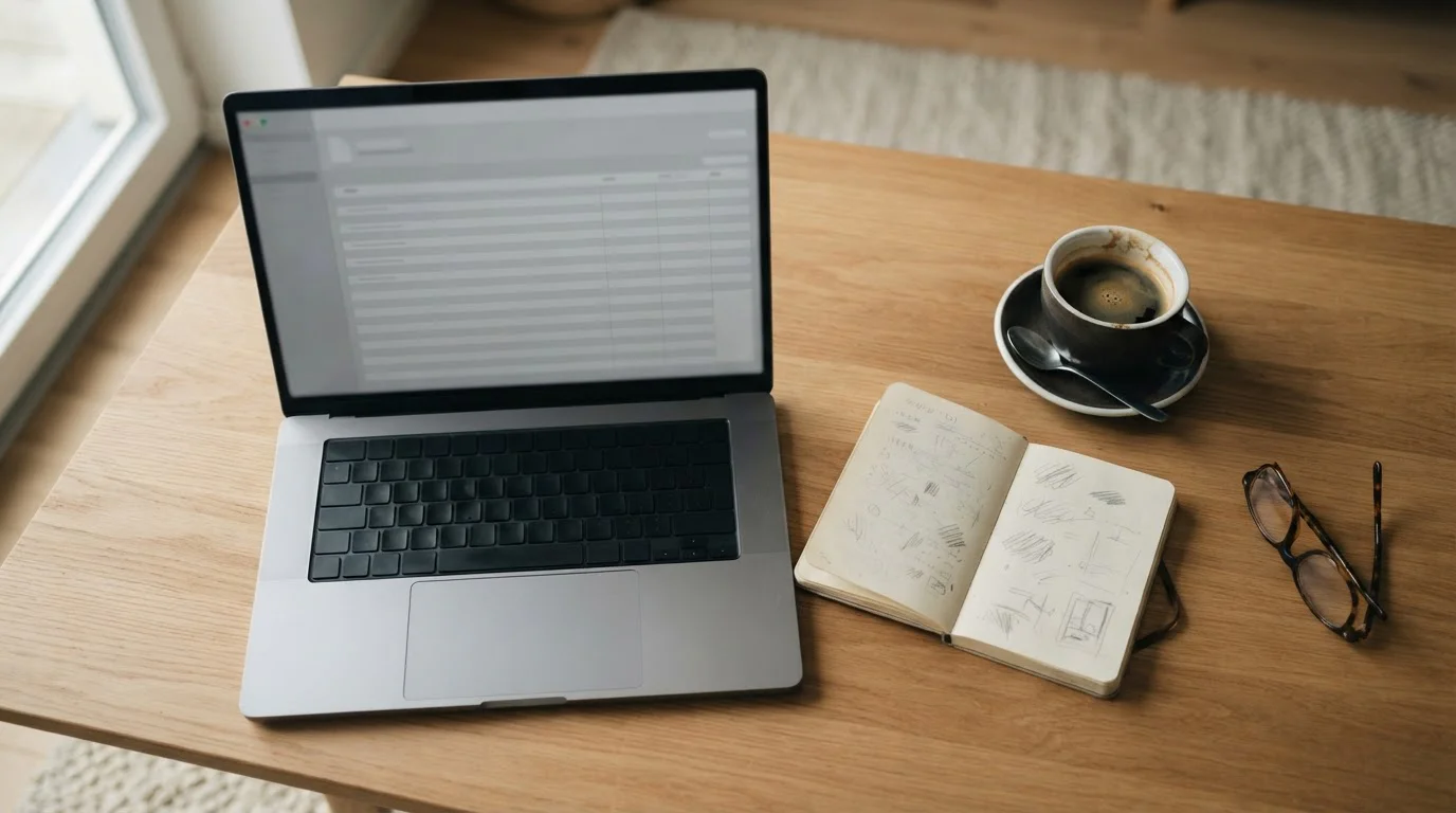 Mesa de escritorio con portátil abierto y cuaderno de notas sobre apuestas combinadas