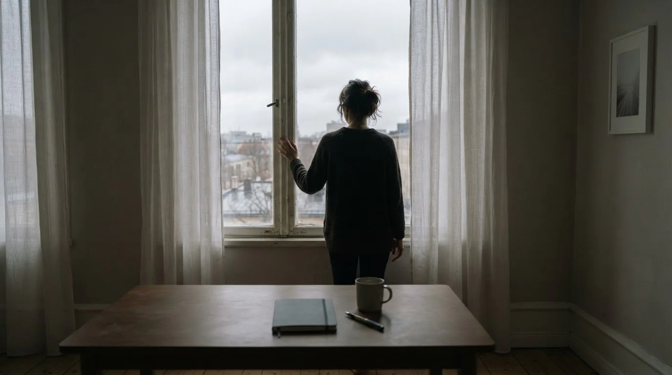 Silueta de una persona mirando por la ventana con luz tenue